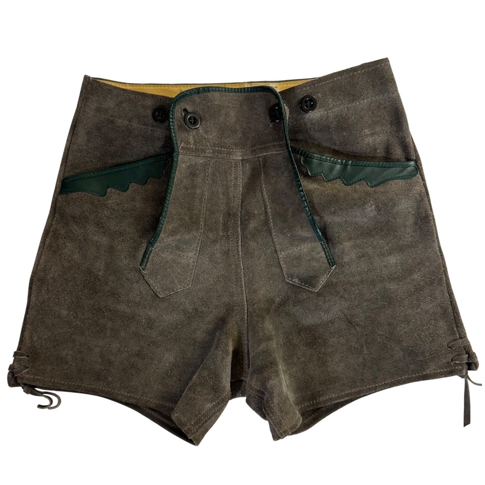 Vintage German Lederhosen Grey Suede Leather Shorts Tie Sides 25" Waist - Picture 1 of 9